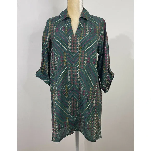NWT Soft Surroundings Terrare Tunic Shirt Size S Green Embroidered - Picture 2 of 12